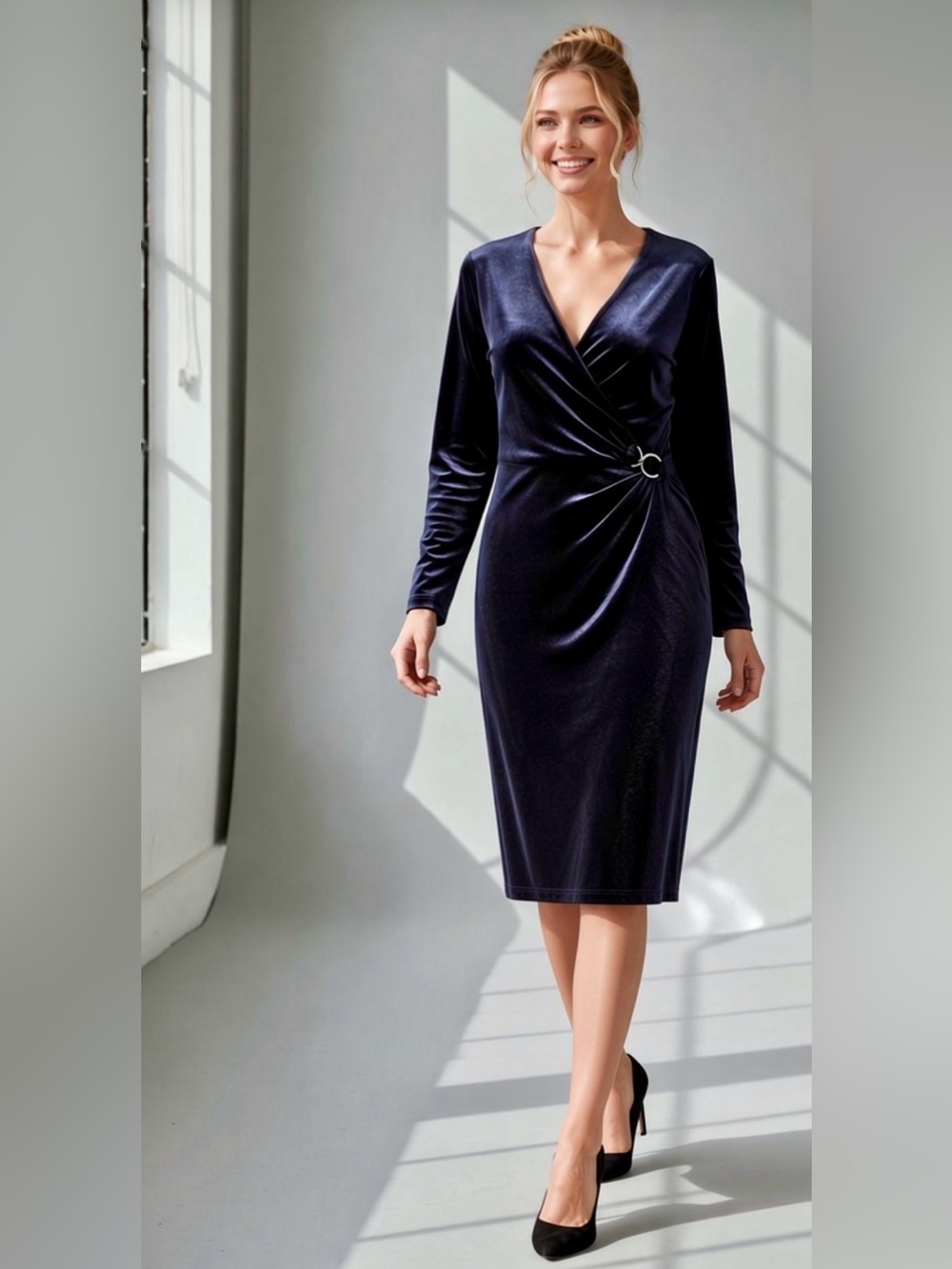 T Tahari Velvet Faux-Wrap Dark Navy Dress Size L